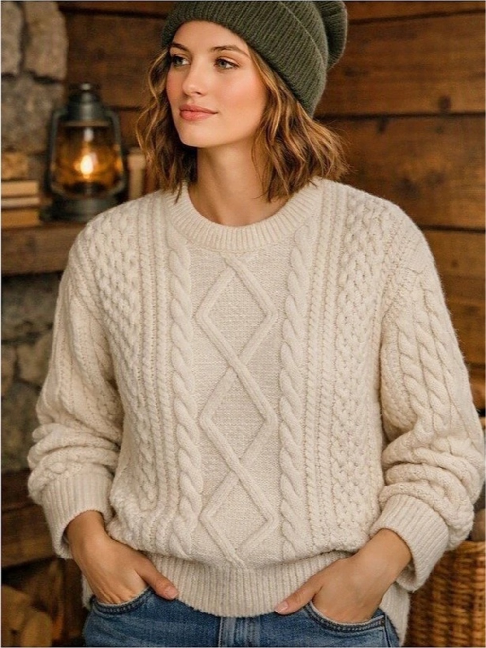 Aelfric Eden Retro 90s Cream Cable Knit Crewneck Sweater Size M EUC